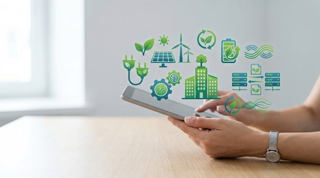 Sustainable green energy technology icons floating above tablet held by person in modern office, symbolizing eco-friendly innovation and digital management of renewable resource...