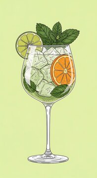 Refreshing Citrus Cocktail with Ice and Mint in Elegant Wine Glass