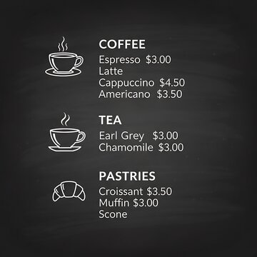 Coffee tea pastries menu on dark background.