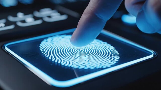 Fingerprint biometric security finger scanner technology access identification digital identity scan with blue light touchpad interface for secure authentication on dark device