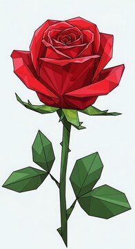 Geometric Red Rose Blooming on Stem Against Pale Background