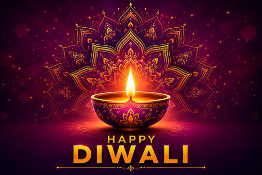 Happy Diwali Festival of Lights Greeting Card with Traditional Oil Lamp and Decorative Mandala Background