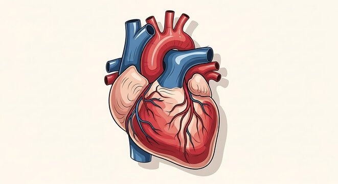 3D illustration of human heart with stethoscope and blood pressure cuff.