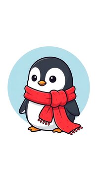 Cartoon penguin wearing red scarf and bow tie.