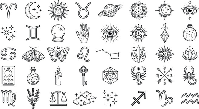 Mystical Astrology and Esoteric Celestial Zodiac Sign Vector Icon Set with Celestial Sun, Moon, Tarot Cards, Evil Eye, and Alchemy Symbols for Magic Designs