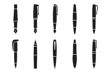 Fototapeta premium Set of black silhouette pens isolated on transparent background, writing tools. Ink pen and ballpoint pen vector icons. Writing tool collection, perfect for education and office supplies.