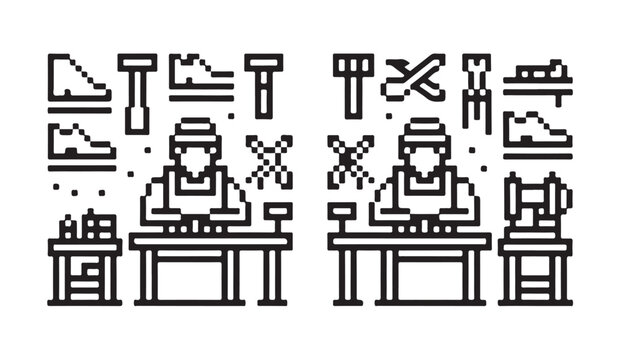 Craftsman working at workbench pixel art concept with sewing machines and various shoe types.