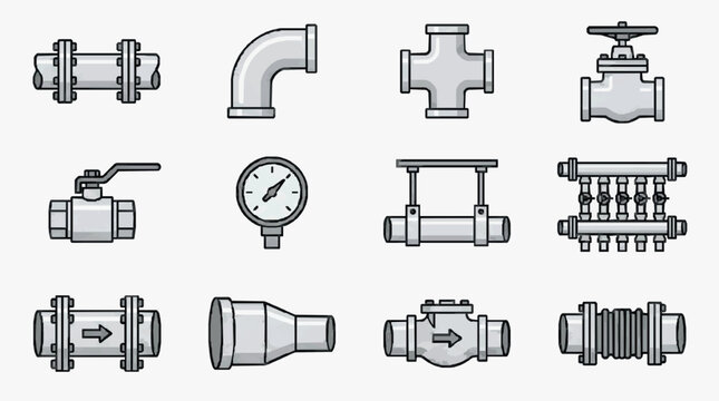 Dynamic Collection of Monochromatic Industrial Pipe Fittings and Valves Illustrations with high quality professional line art symbols for modern creative design and digital branding projects
