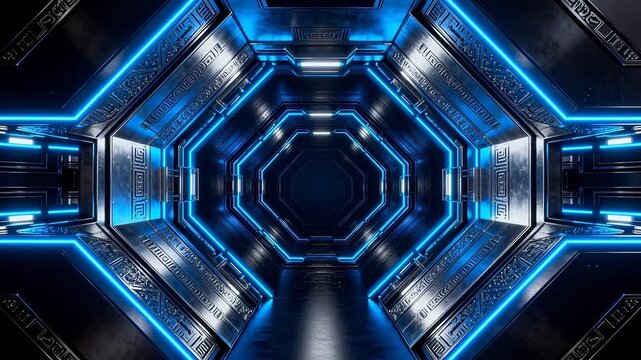 Futuristic corridor with blue neon lights