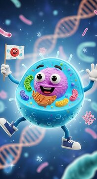Cartoon character floating in glowing blue digital space.