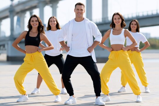 Group of dancers performing outdoor hip hop choreography