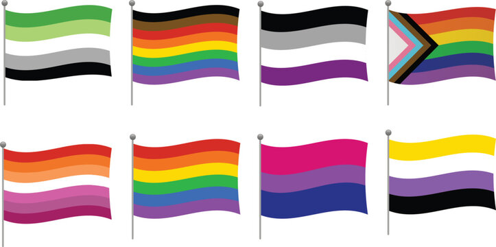 Flat graphic illustration bundle featuring eight waving sexual orientation and gender identity community banners on poles. Includes aromantic, progress, asexual, transgender inclusive, lesbian