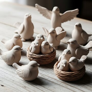 White Ceramic Bird Figurines Arranged in Wicker Nests on Rustic Wooden Table
