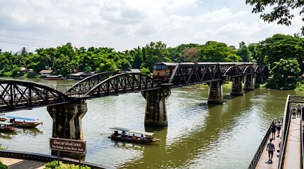 Fototapeta premium Historic Train Crossing Steel Bridge Over Tropical River