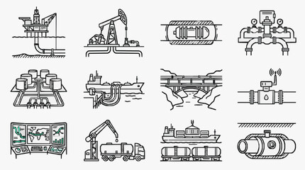 Industrial Oil and Gas Operations Illustrated Black and White Line Drawing Set of Equipment and Processes © sitio