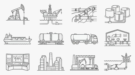 Obraz premium Elegant Monochromatic Line Drawing Set of Oil and Gas Industry Equipment and Infrastructure Icons