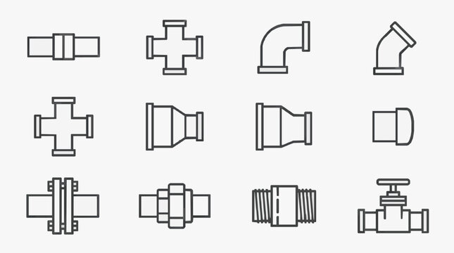 Modern Black and White Line Drawing Collection of Various Pipe Fittings and Valves for Industrial Design Projects