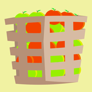 A flat vector illustration of a woven crate filled with red and green apples, isolated on a pale yellow background. Ideal for farmers market, harvest, and fresh produce themed designs.