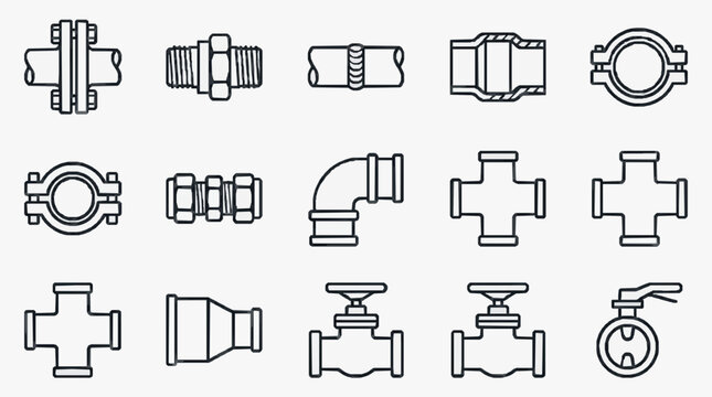 Industrial Black and White Line Drawing Collection of Various Pipe Fittings and Valves for Plumbing Systems