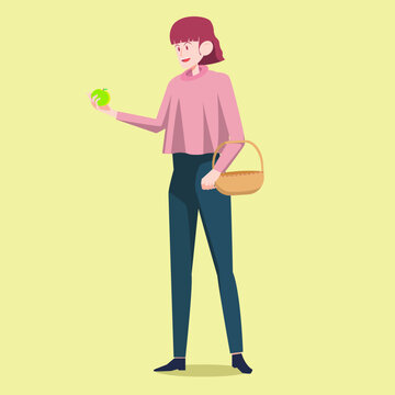 A flat vector illustration of a smiling woman holding a green apple in one hand while carrying a wicker basket in the other, isolated on a pale yellow background. Great for grocery shopping, farmers m