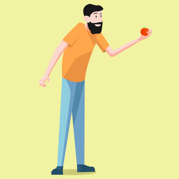 A flat vector illustration of a bearded man holding a red apple with an outstretched hand, isolated on a pale yellow background. Ideal for grocery shopping, farmers market, and food vendor themed desi