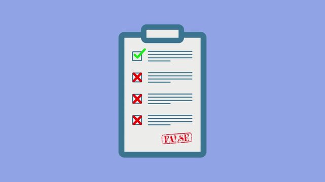 Clipboard with checklist paper showing red cross animation isolated on blue background