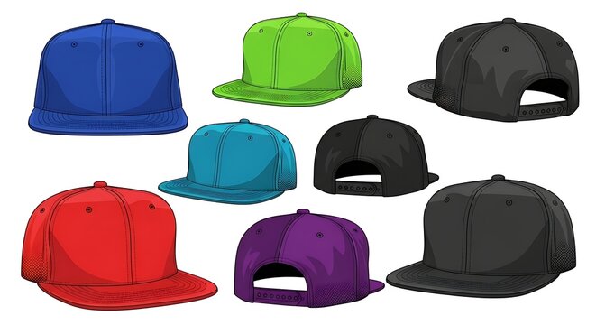 Colorful Snapback Caps Arranged on White Background
