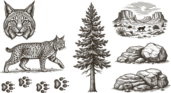 Vintage engraving style bobcat wildlife set with pine tree rocks and desert landscape elements