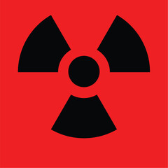 Flat graphic illustration of a black trefoil emblem on a solid red background square. This minimalist toxic icon represents atomic energy power plants, environmental biohazard danger zones, industrial © Rishabh