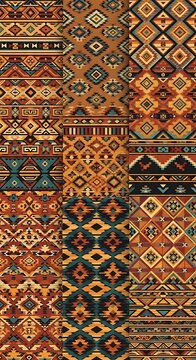 Colorful Geometric Tribal Textile Pattern Arranged in Vertical Patchwork Design