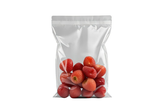 Clear plastic zip lock pouch packaging fresh red strawberries, food storage and healthy fruit concept on transparent background