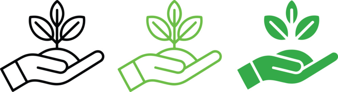 Hands holding small plant growing vector icon set
