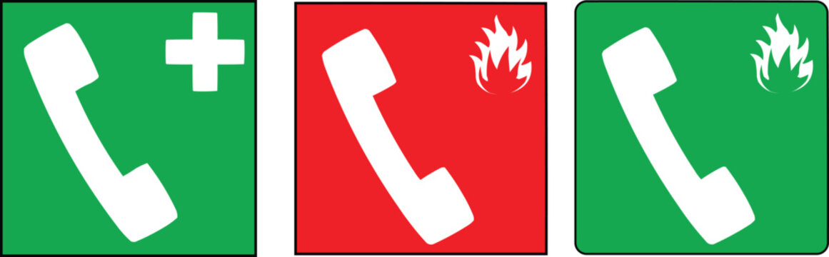 Emergency telephone icon set with medical and fire service symbols, emergency call buttons in green and red, hotline communication flat vector collection for app, dashboard and safety interface