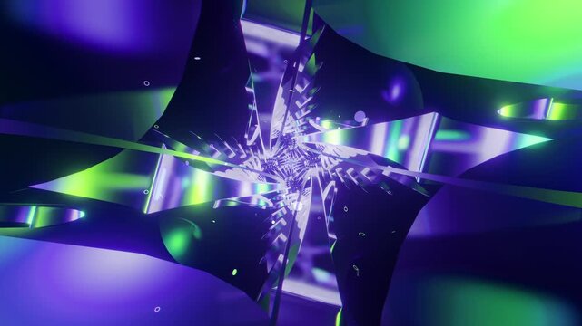 seamless loop of a futuristic geometric tunnel. Abstract digital vortex made of twisting metallic disks, curved segments and floating rings, creating deep perspective for space tech backgrounds