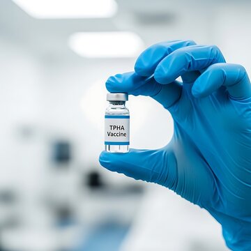 Blue Gloved Hand Holding Tpha Vaccine Vial in Blurred Medical Laboratory
