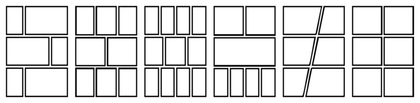 manga comic book page templates with different panel layouts, empty speech bubbles, vector illustration on white background.