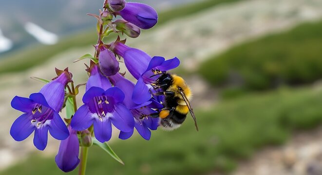 Yellow Bumblebee Pollinating Purple Wildflowers in Blurred Mountain Meadow