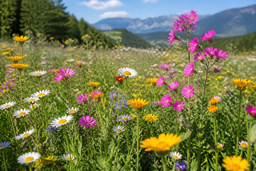 Obraz premium A vibrant meadow filled with colorful wildflowers under a bright, mountainous sky.