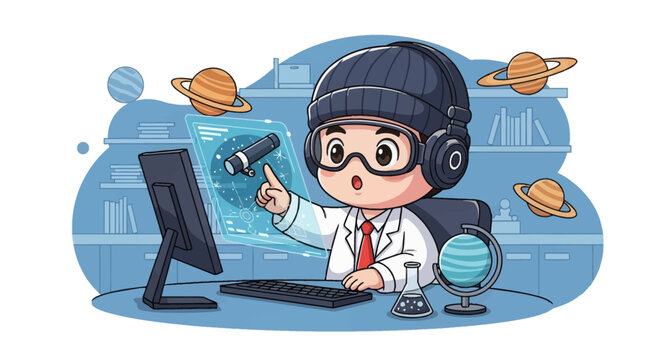 Cute chibi male student scientist in lab coat and goggles exploring space astronomy using a holographic interface at a computer desk with floating planets, globe, and beaker.