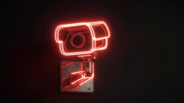 Surveillance camera glowing red neon light mounted on dark wall showcasing modern security monitoring technology with vibrant glowing effects and advanced surveillance design