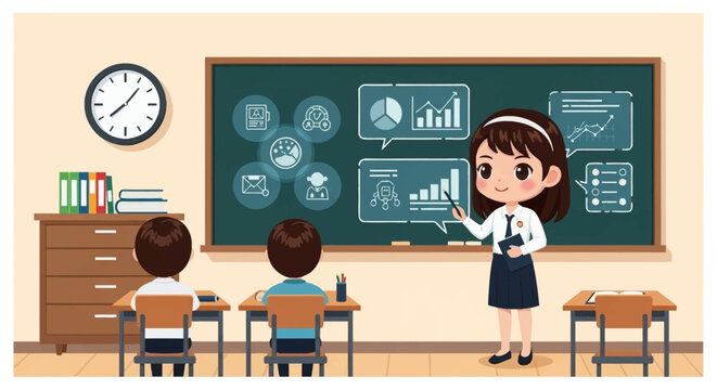 Chibi female teacher in school uniform pointing at digital data graphs and analytical icons on a classroom blackboard. Vector illustration with students, desks, and wall clock.