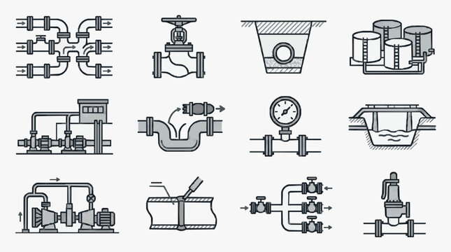 Sleek Black and White Line Drawing Set of Various Industrial Plumbing Fixtures and Valves with high quality professional line art symbols for modern creative design and digital branding projects