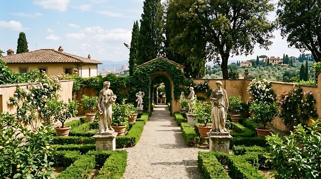 Elegant Classical Statues Lining Formal Garden Path in Historic Italian Villa