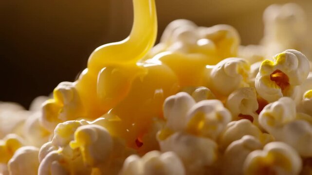 Melted butter pouring over popcorn in closeup, glossy yellow stream cascading across fluffy kernels with warm bokeh, rich texture, soft light, and appetizing snack detail