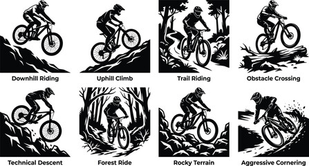 Obraz premium Collection of mountain biking action silhouettes featuring various riding styles and terrains in vector style