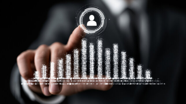 Businessman points toward a virtual bar graph that highlights demographic trends and user statistics for a comprehensive corporate workforce analysis and strategic development planning session.