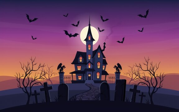 Haunted mansion under a full moon with flying bats