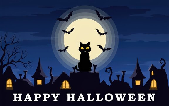 Black cat silhouette with bats under a full moon for halloween