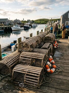 Weathered Lobster Traps Arranged on Wooden Fishing Dock in Coastal Harbor