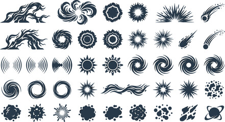 Flat vector icon set containing comic book speed lines explosion stars smoke clouds waves soundwaves meteorites and cosmic elements © Sojol